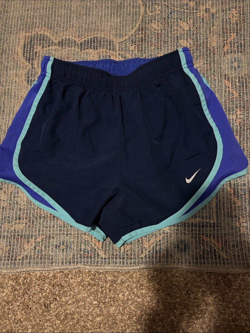 Nike Women's Navy Athletic Shorts with Teal Trim and Purple Side Panels